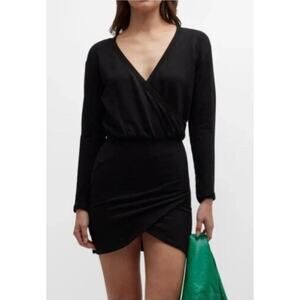MONROW Black Supersoft Fleece Crossover V Mini Long Sleeve Dress, size small